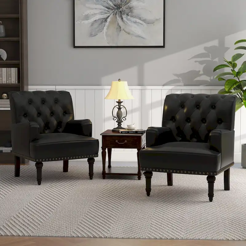 Tufted Vegan Leather Accent Chairs Armchairs with Nailhead Trim