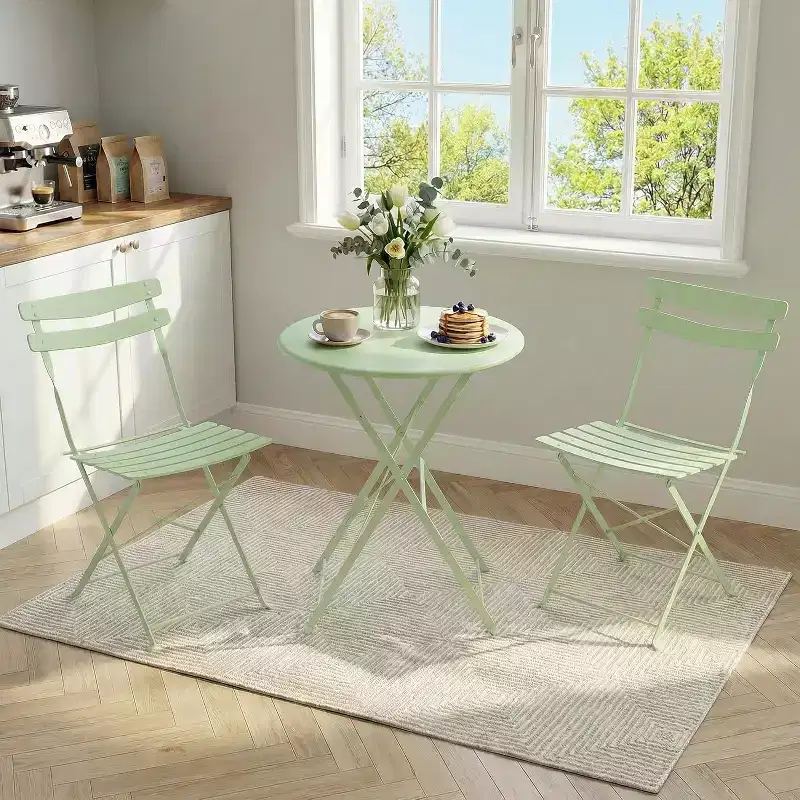GustoWave 3-Piece Foldable Metal Bistro Set With Round Table, 2 Chairs