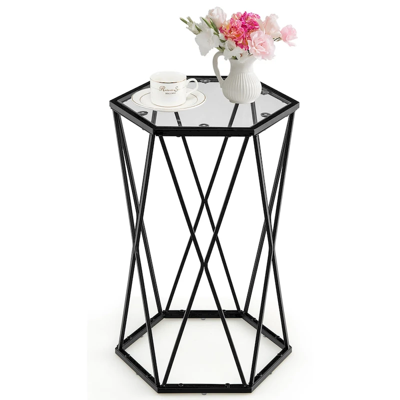Costway End Table Tempered Glass Top Metal Frame Hexagonal Accent Side - 16