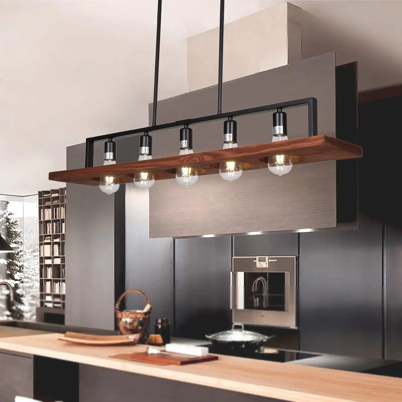 Industrial 5-Light Glass Black Pendant Light Kitchen Island