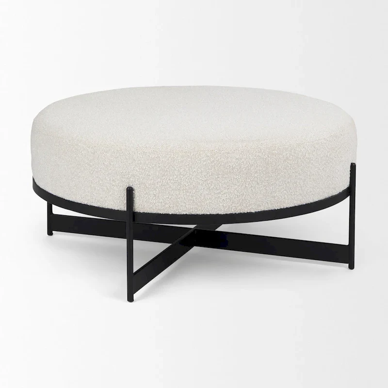 Amelia Cream Boucle Fabric with Black Metal Frame Round Ottoman