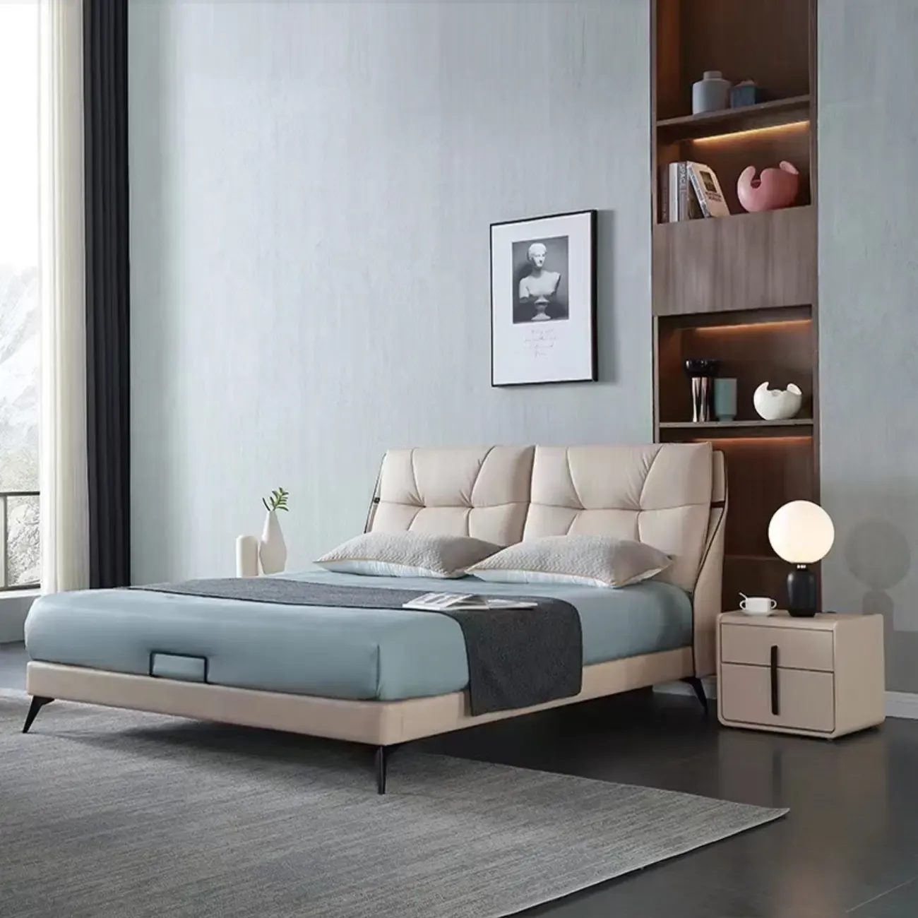 Modern Leather Top Wood 2-Drawer Nightstand