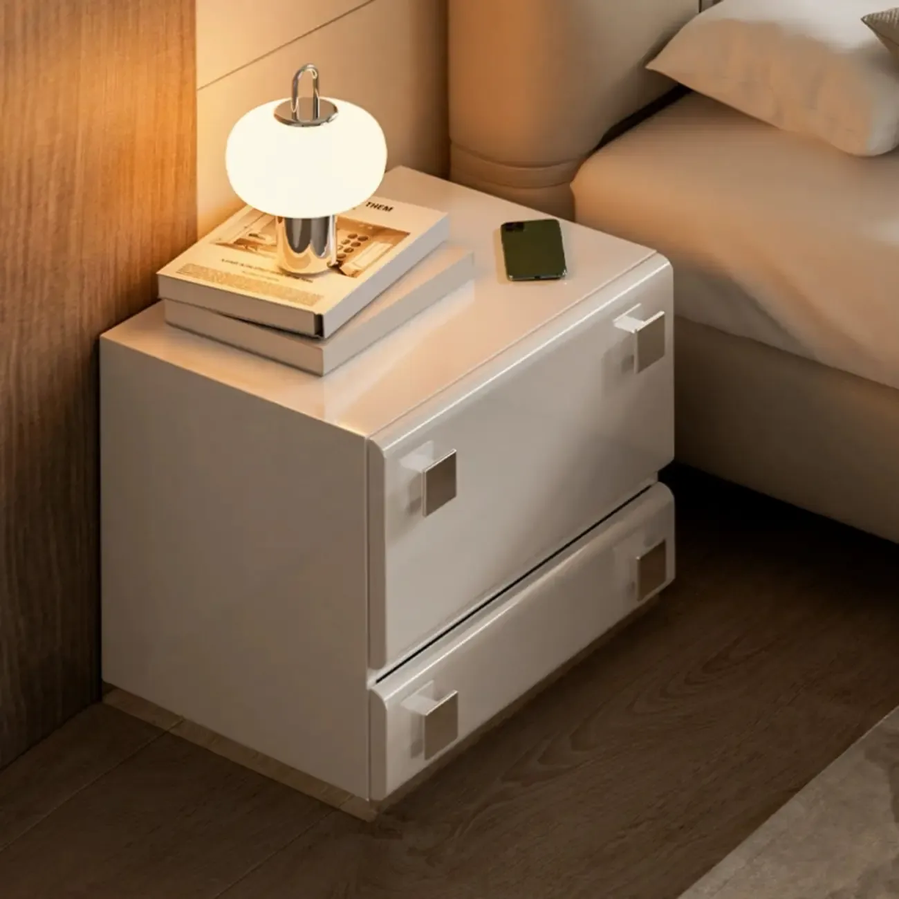 Modern Glossy Wood Metal 2-Drawer Nightstand