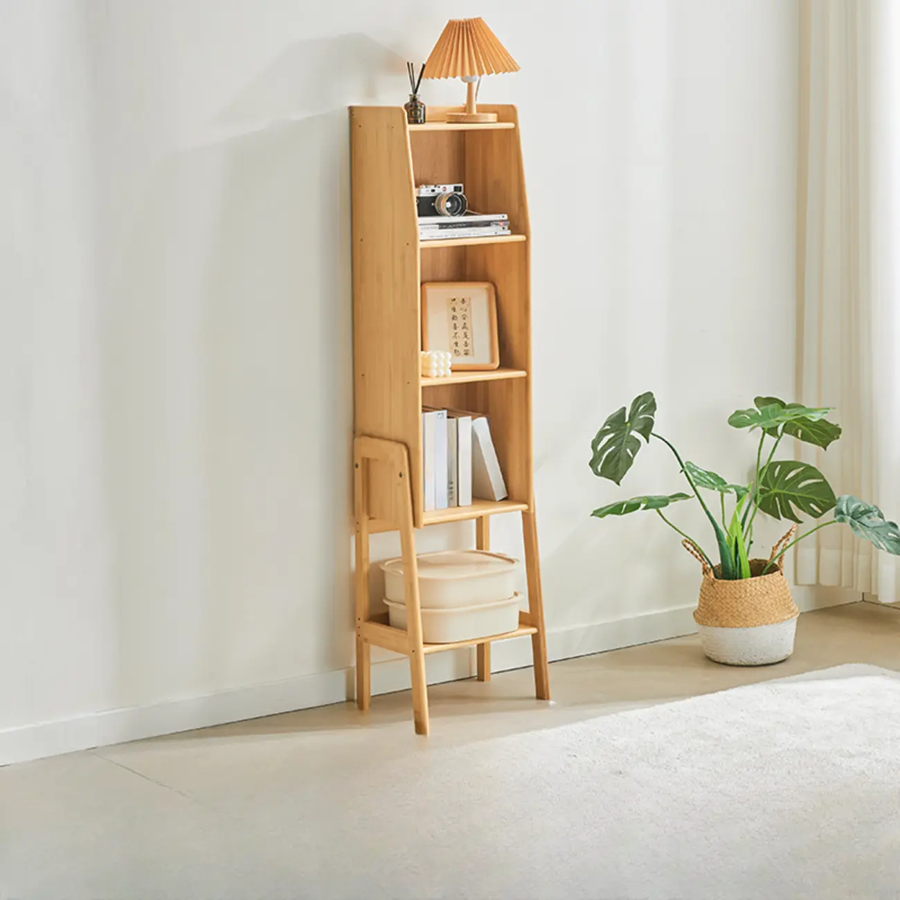 Scandinavian Narrow Brown Wood Multi-Tier Ladder Bookcase