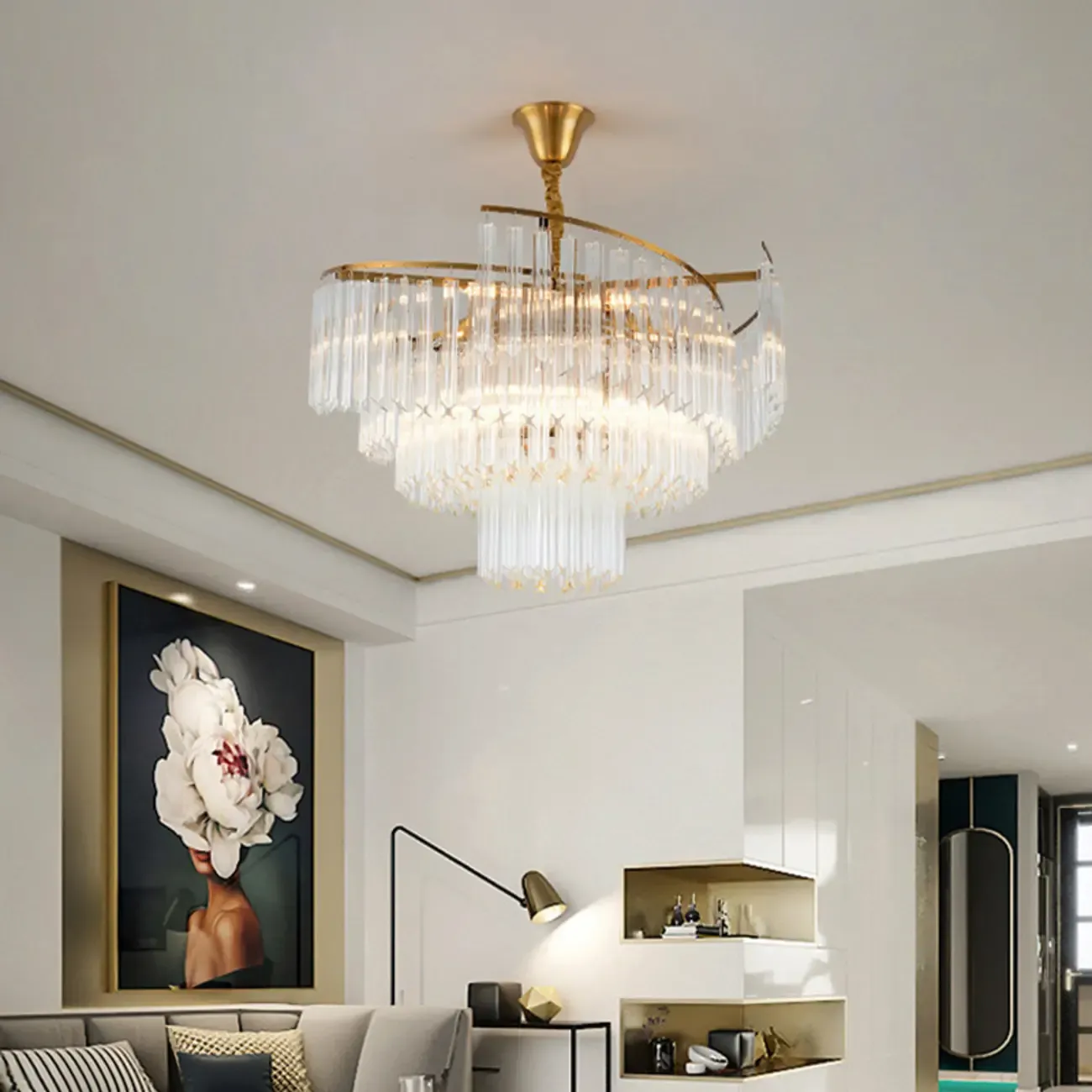Modern Tier Round Gold Crystal Chandelier Height Adjustable