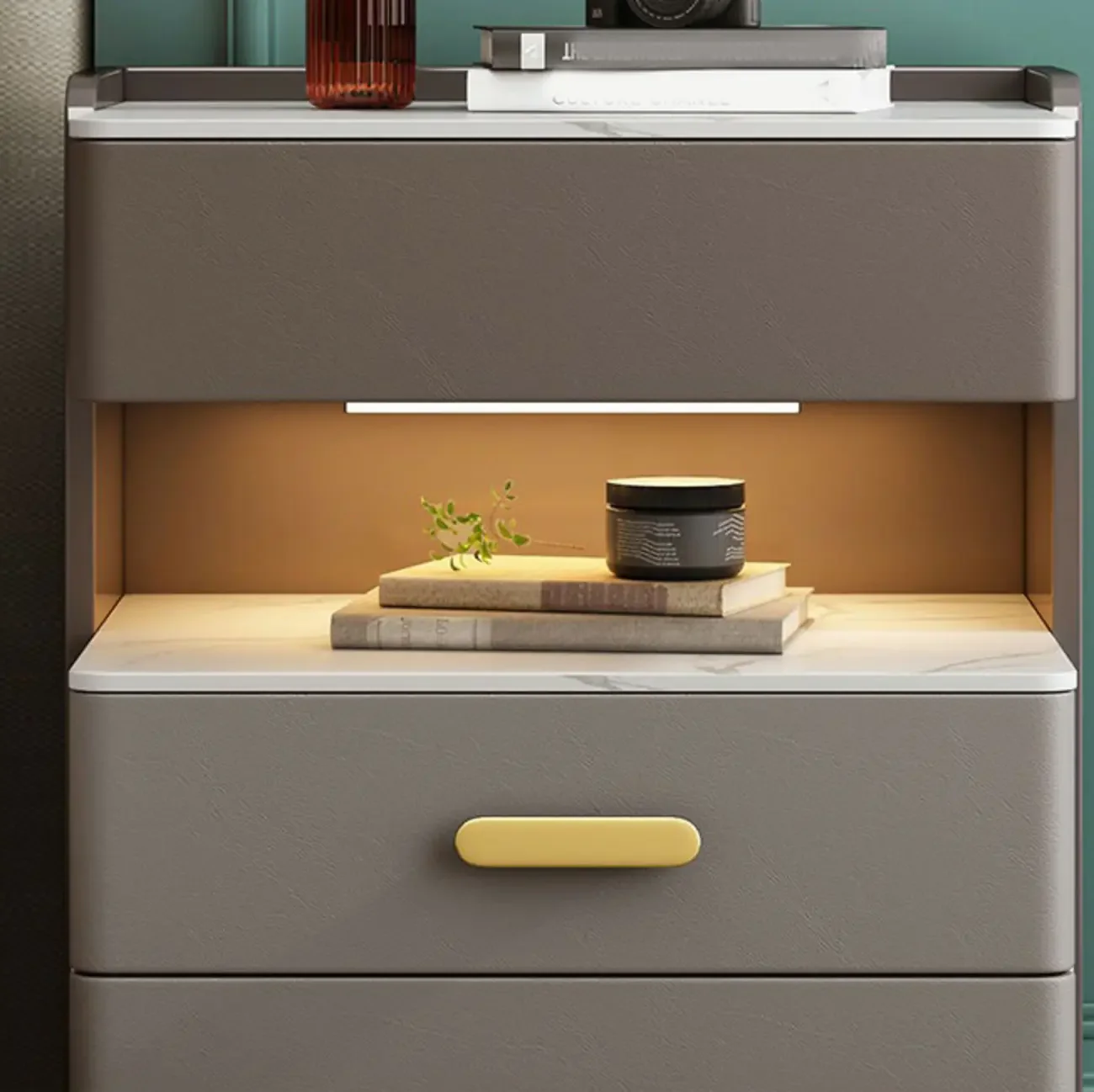 Modern Grey Bedside Table with Drawers and Stone Top