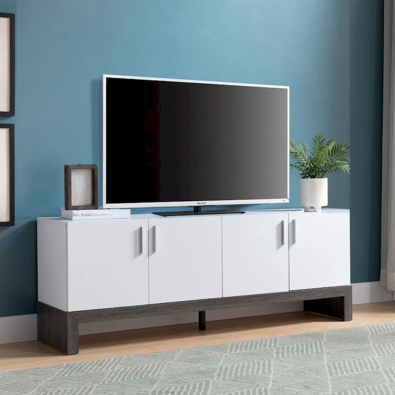 Side Credenza with 4 Doors, Storage Cabinets, 60 TV Stand- White & Distressed Grey