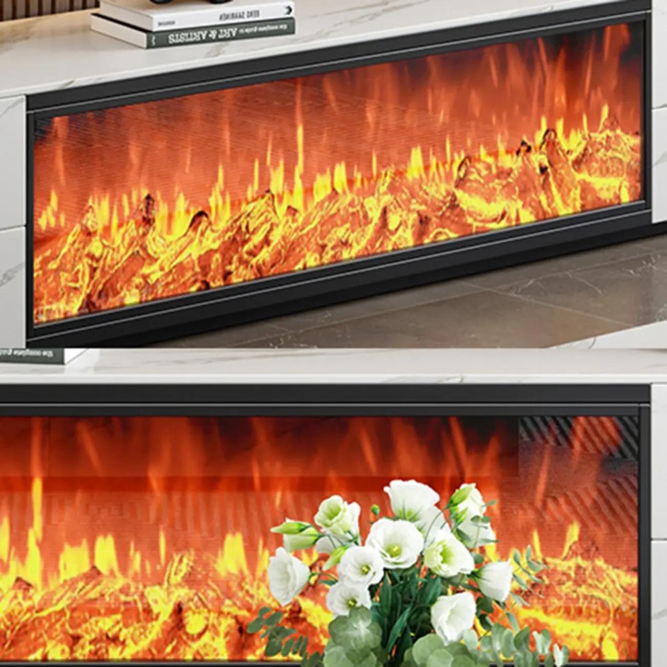 94.5 White Rectangle Stone TV Stand with Fireplace & Light