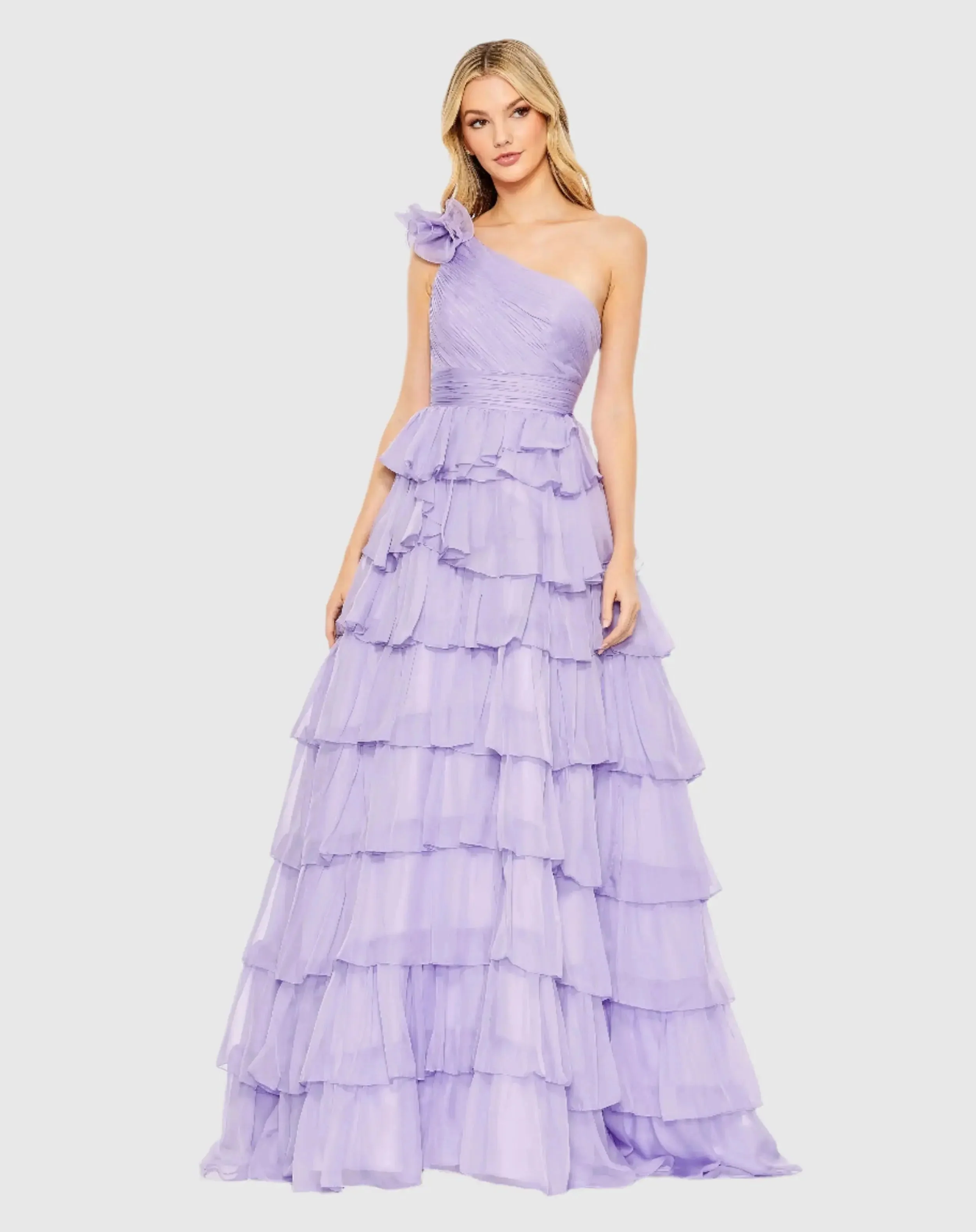 One Shoulder Ruffle Tiered Ballgown