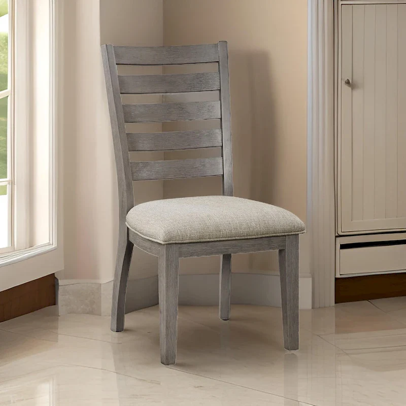 Trea 23 Inch Side Dining Chairs Set of 2, Ladder Back, Gray, Beige Cushioned Seat
