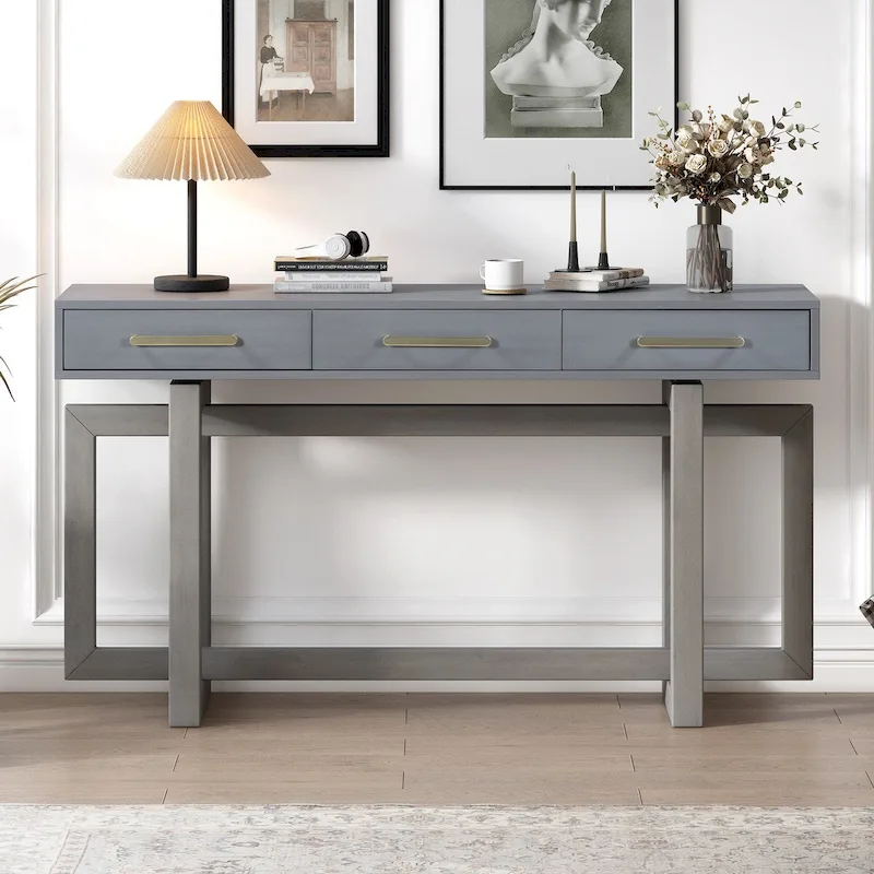 White Console Table with 3 Drawers - Minimalist Style for Home Use