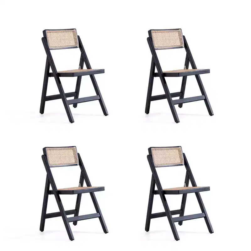 Set of 4 Pullman Cane Folding Dining Chairs Black/Natural - Manhattan Comfort: Solid Wood, No Assembly Required, Matte Finish