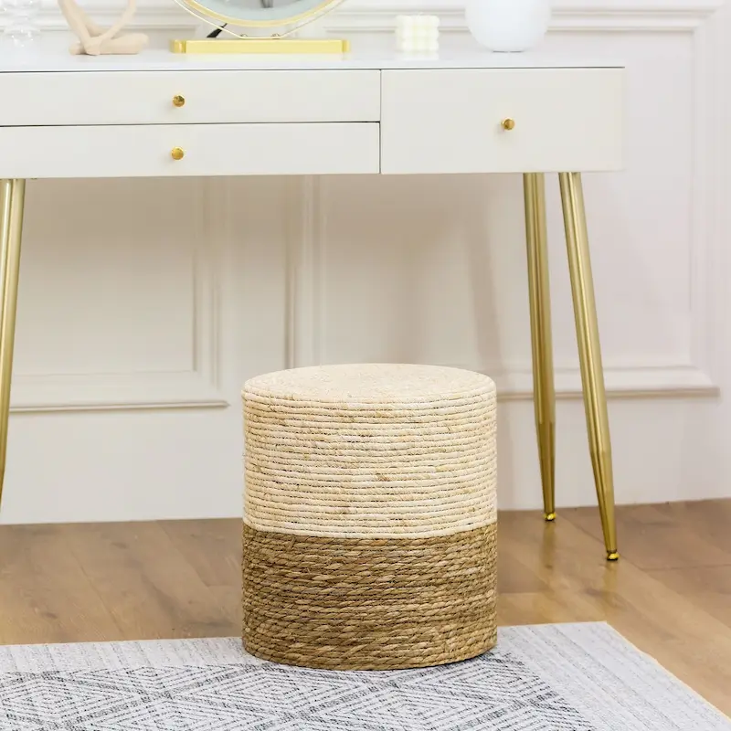 Adeco Round Ottoman Natural Cattail Hand Weave Foot Stool