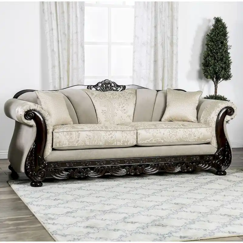Ivory & Brown Traditional Chenille Sofa, Seats 3