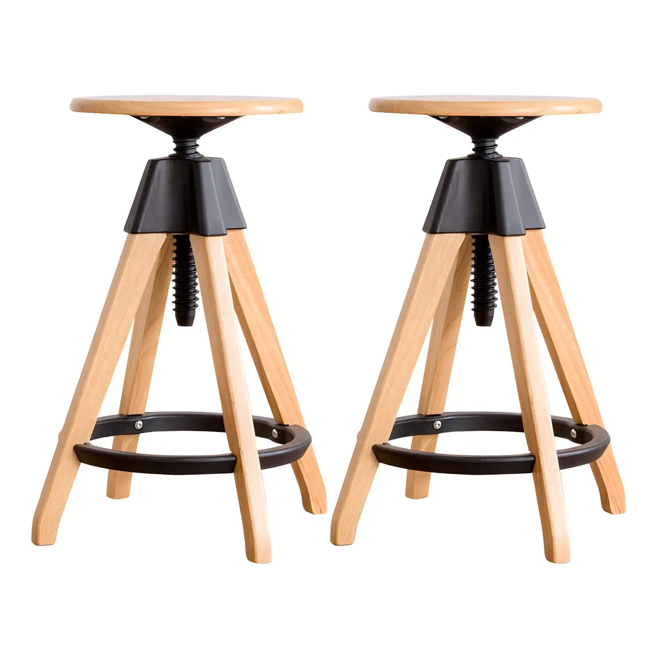 Adjustable Brown Wooden Swivel Backless Bar Stools