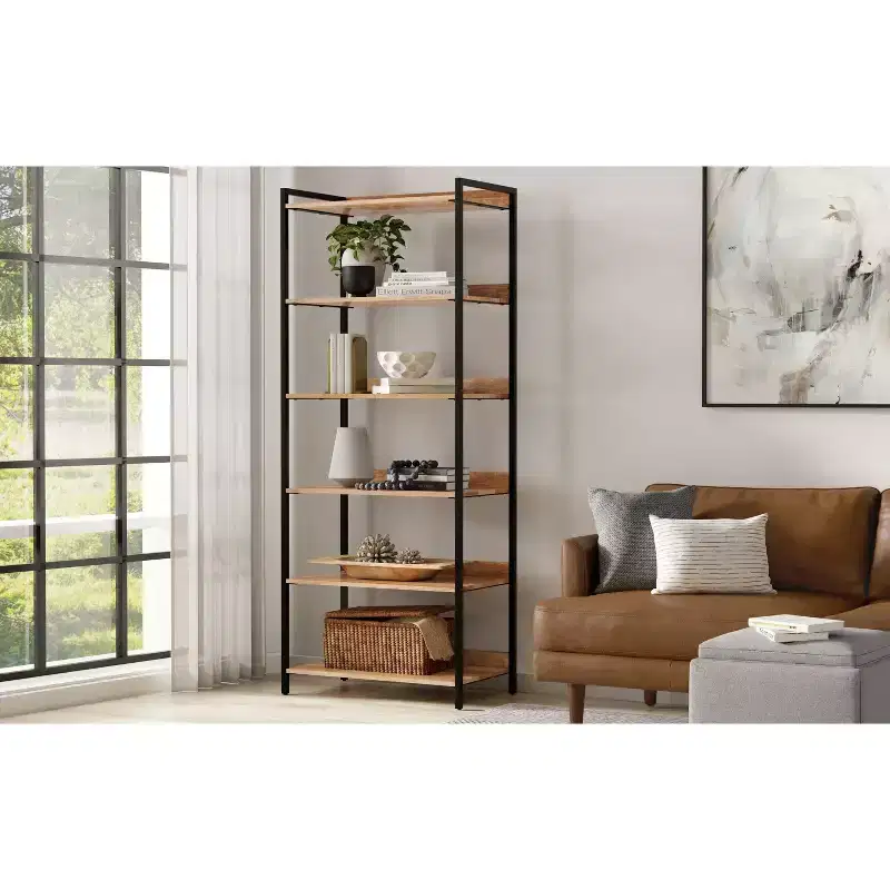 Paola SOLID MANGO WOOD 74 inch x 30 inch Modern Industrial Large Bookshelf in Natural
