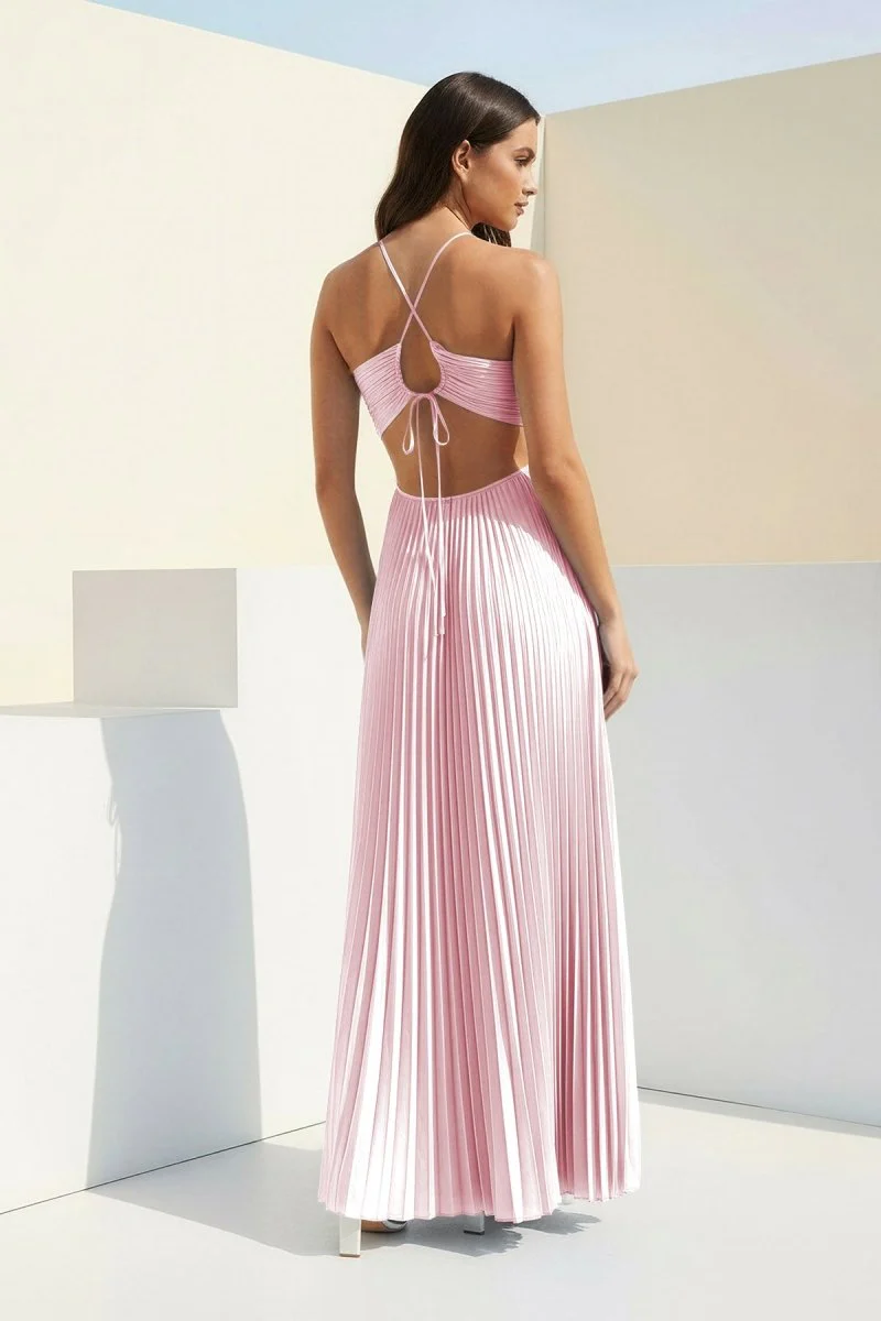 Sky Blue Halter Pleated Satin A Line Prom Dresses With Cutout