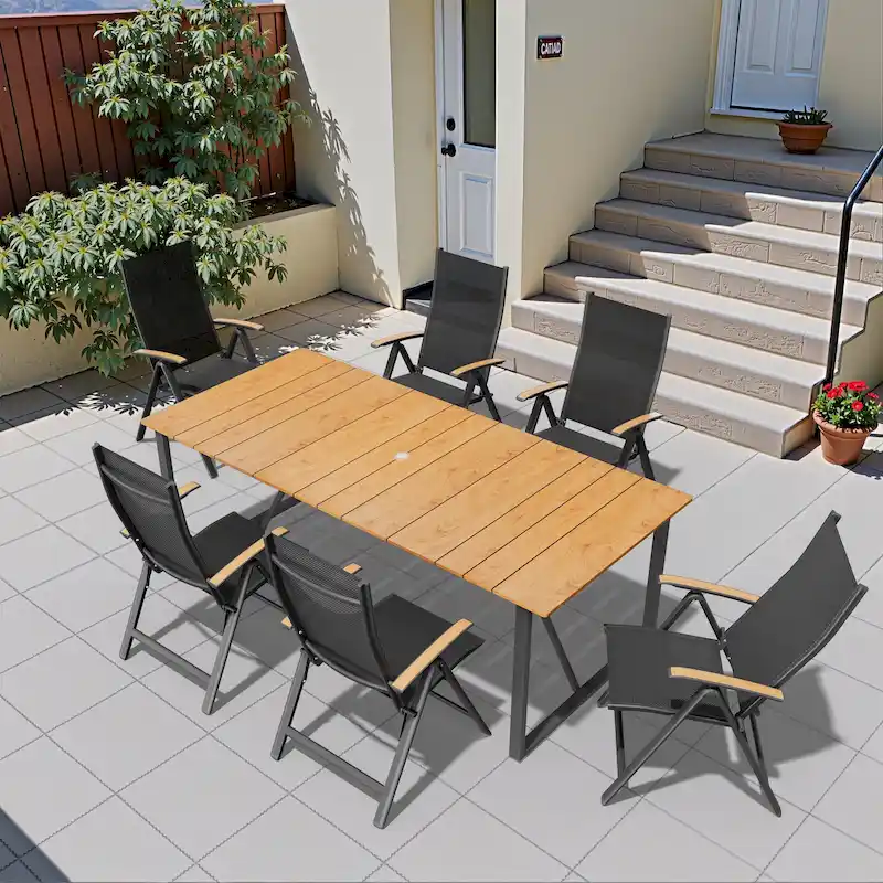 7PC Outdoor Aluminum Patio Dining Table Rectangle with Umbrella Hole with Folding Chairs