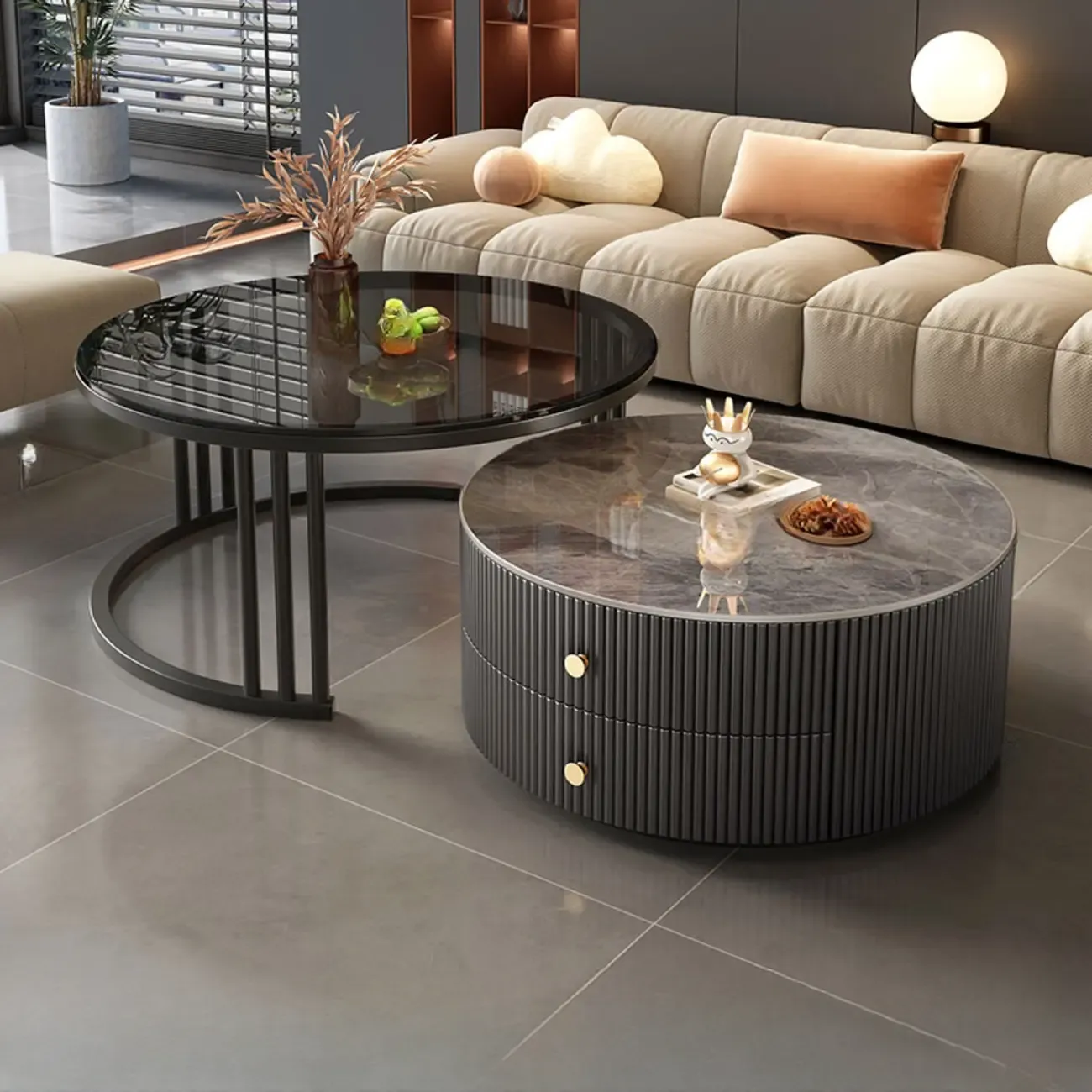 Modern White Round Nesting Coffee Table Set with Steel Base