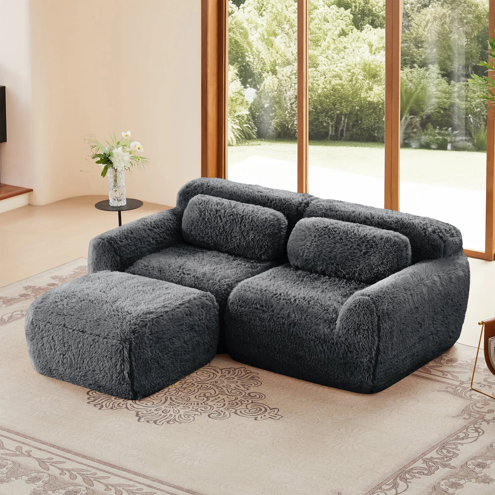 Soft Teddy Plush Ergonomic Design L-shaped Loveseat Sofa with Ottoman