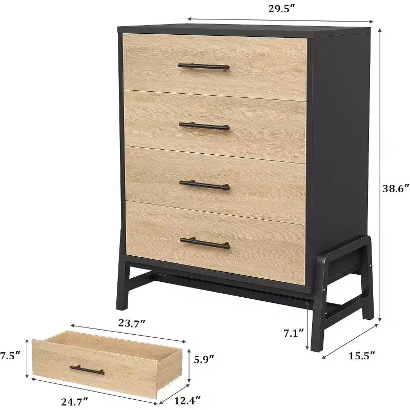 Bedroom Dresser with 4 Drawers, Freestanding Drawer Storage, Wood Closet Storage Cabinet with Metal Handles, Bedroom, Living Room