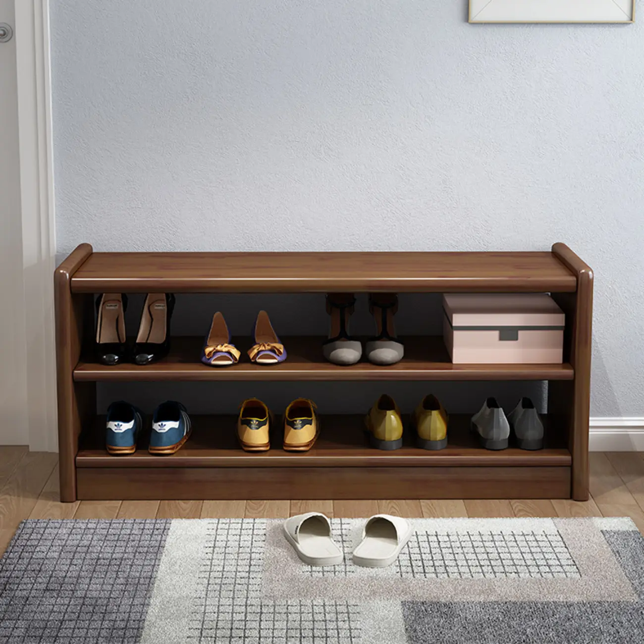 Scandinavian 2-Tier Upholstered Wood Shoe Rack Bench