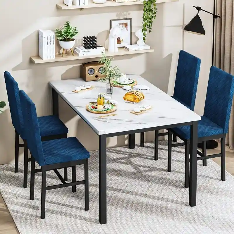 Grondin 5-Piece Dining Room Table Set with Faux Marble Table Top and Diamond Stitching Velvet Upholstery Dining Chairs