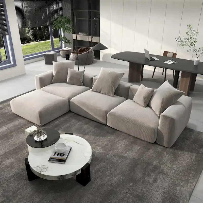 142 L-shape Oversized Corduroy Sectional Sofa Classic Deep Couch with Ottoman