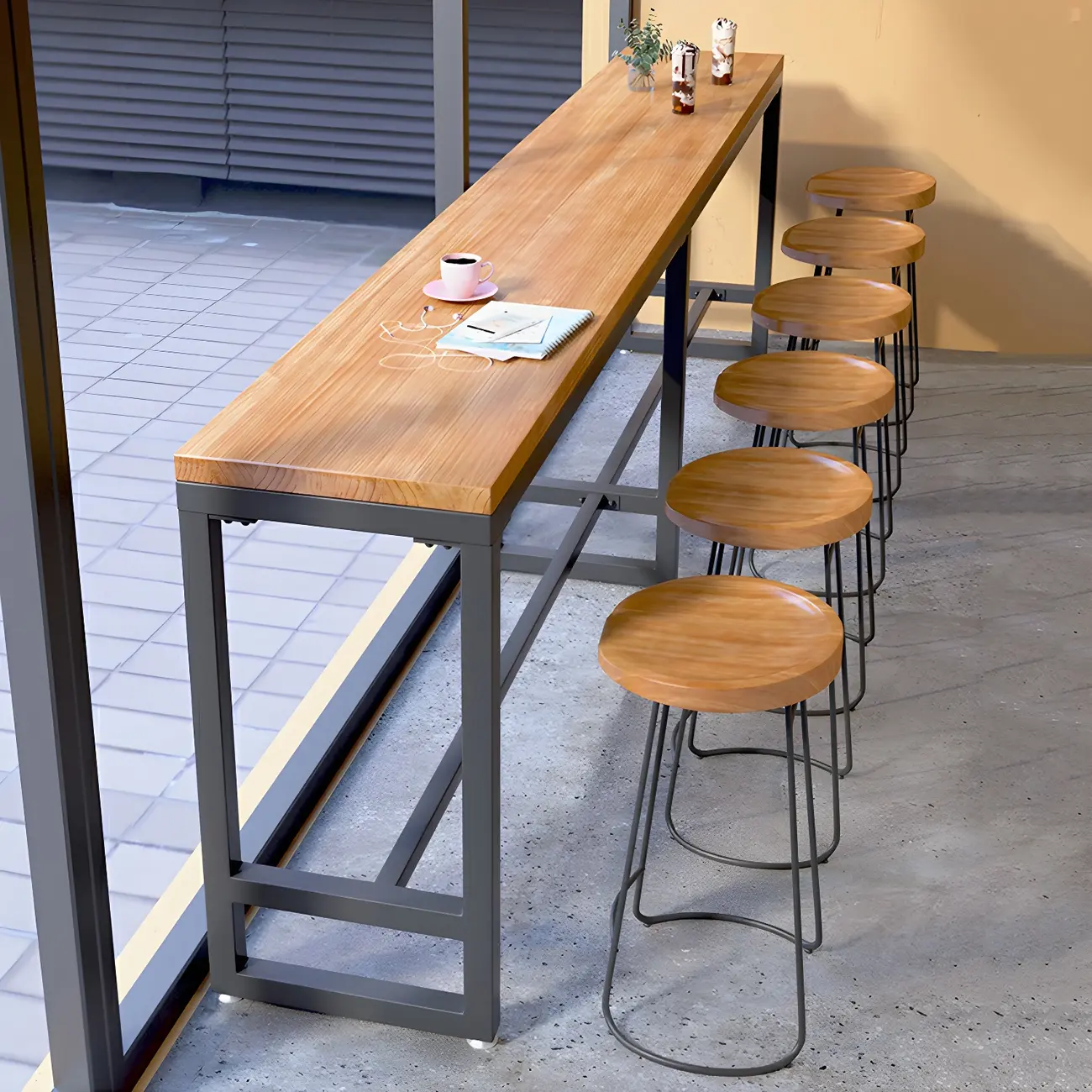 Modern Brown Wooden Iron Trestle Base Bar Table