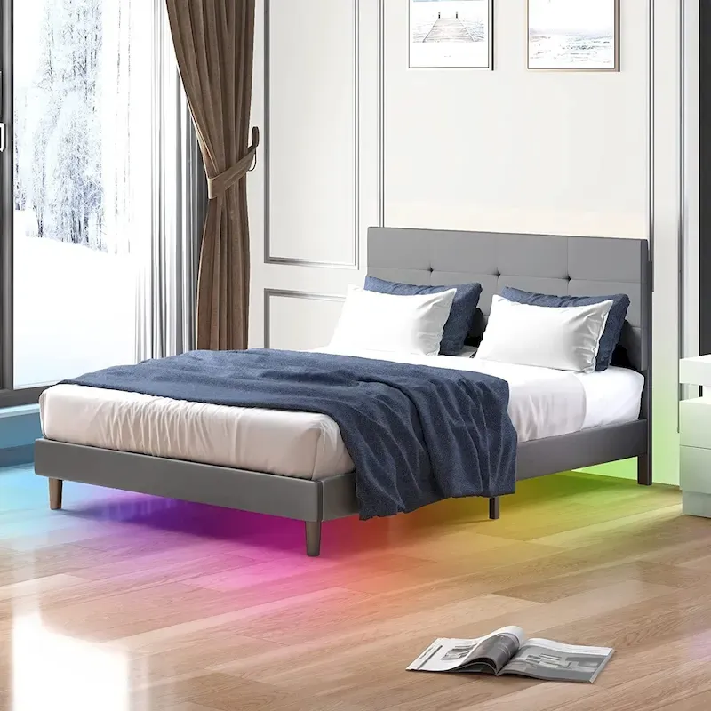 Platform Bed Frame with Smart RGB LED Lights, Button Tufted Headboard, PVC Upholstery, No Box Spring