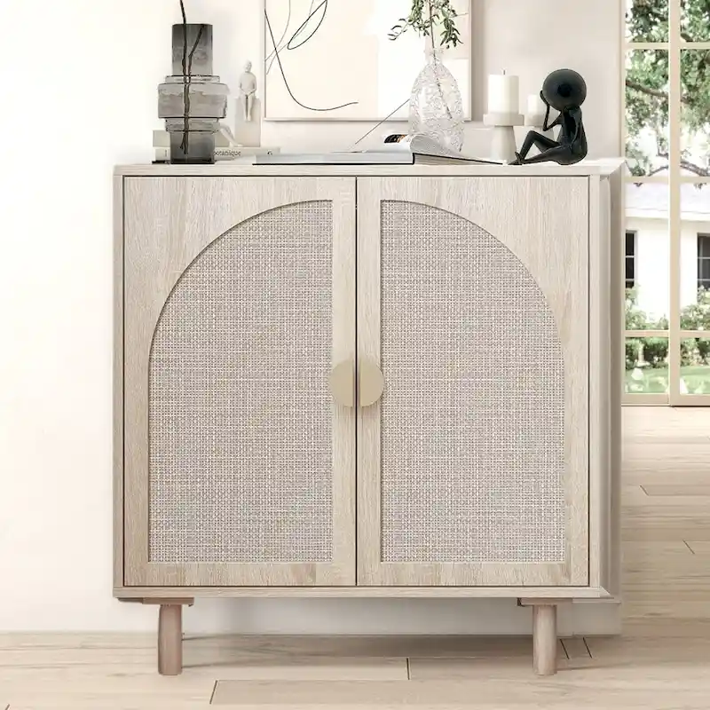 Rattan Storage Accent Cabinet with Doors, Sideboard Buffet Cabinet - 29.53Lx15.75Wx31.5H