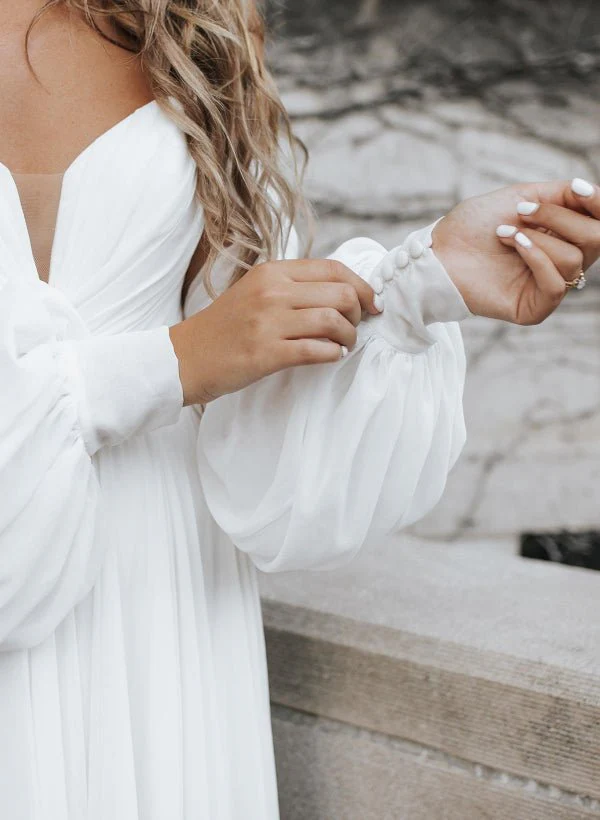 A-Line Sweetheart Long Sleeves Chiffon Sweep Train Wedding Dress