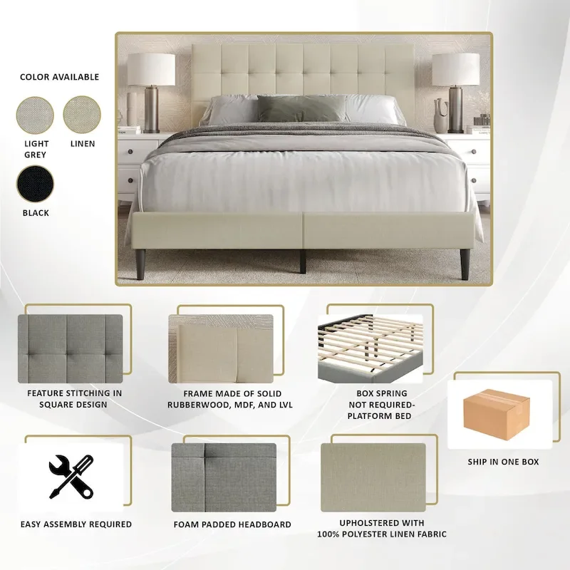 Beige / Light Grey / Black Linen Upholstered Platform Bed with Square Stitching Headboard – Twin / Full / Queen / King