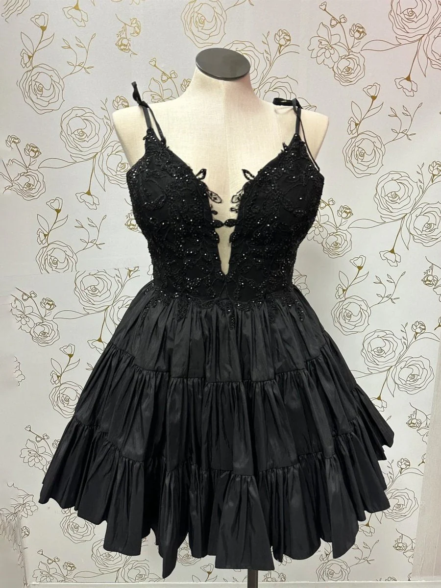 Black - V Neck Satin A Line Ruffles Homecoming Dresses With Appliques