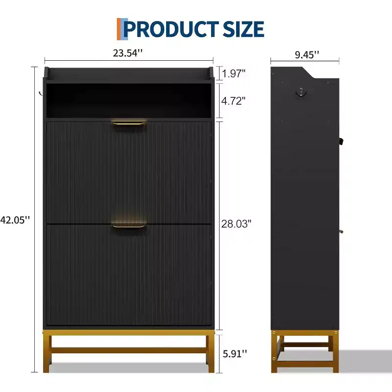 Fluted Shoe Cabinet with 2 Flip Drawers & Open Shelf, 44 Modern Entryway Storage Organizer, Wood Shoe Rack with Gold Handles for Hallway & Foyer