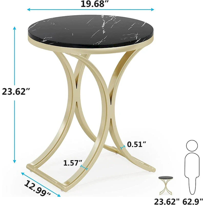 Round Side Table with Faux Marble Top and C-Shaped Metal Legs
