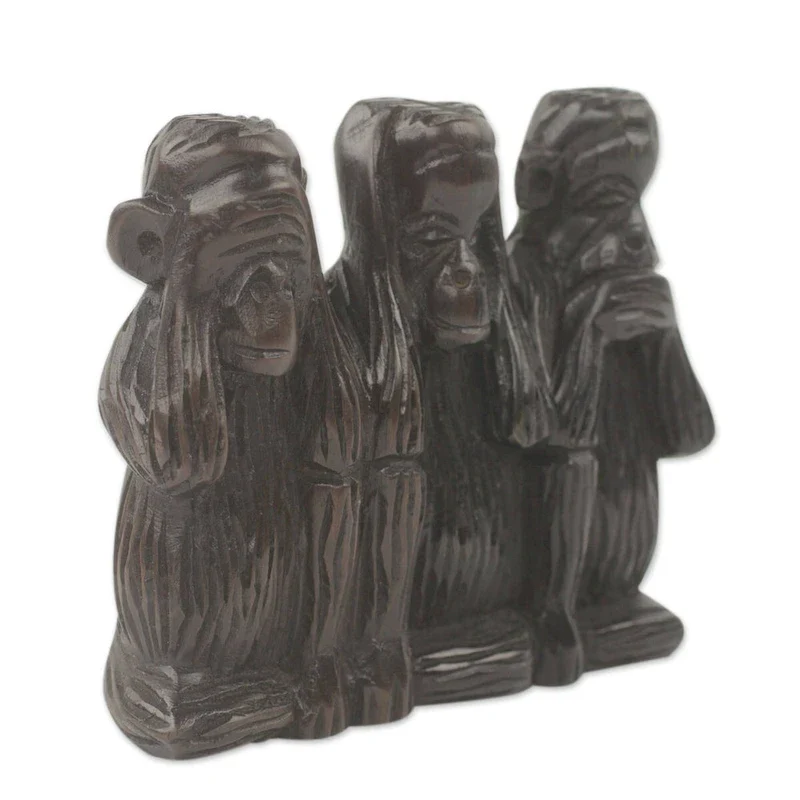 Handmade Monkey Wisdom (4.5 inches) Ebony sculpture (Ghana) - 17 x 15 x 7
