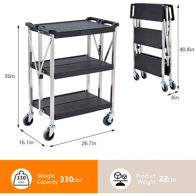 Foldable Utility Black 3-Tier Service Cart with Wheels Lockable - N/A