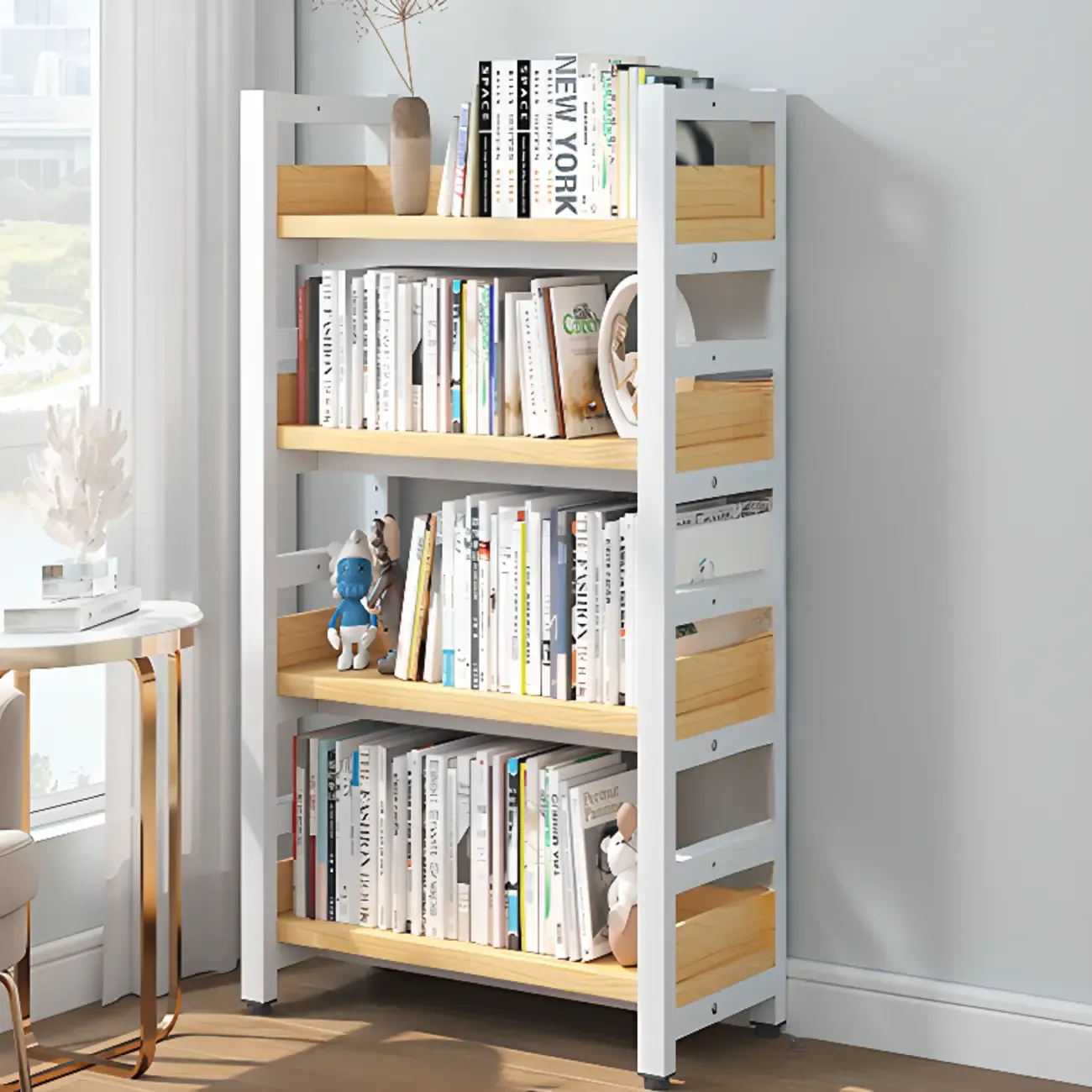 Freestanding Simple Multi-Layer Wood Bookshelf in Steel Frame