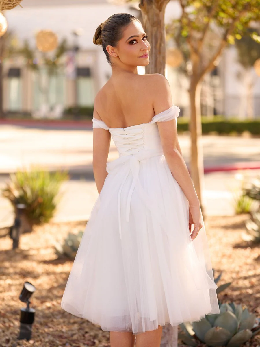 Sweet A-Line Off-The-Shoulder Little White Tulle Wedding Dresses