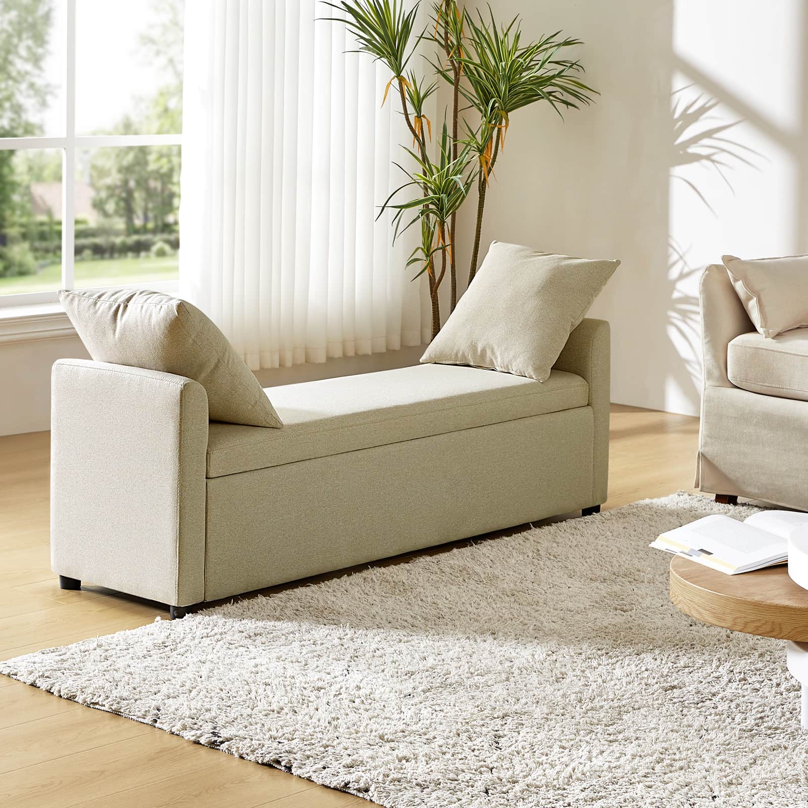 Upholstered Storage Bench with 2 Throw Pillows, Arms & Black Plastic Legs | Beige / Navy / Teal / Linen / Grey / Charcoal / Taupe / Brown | Single