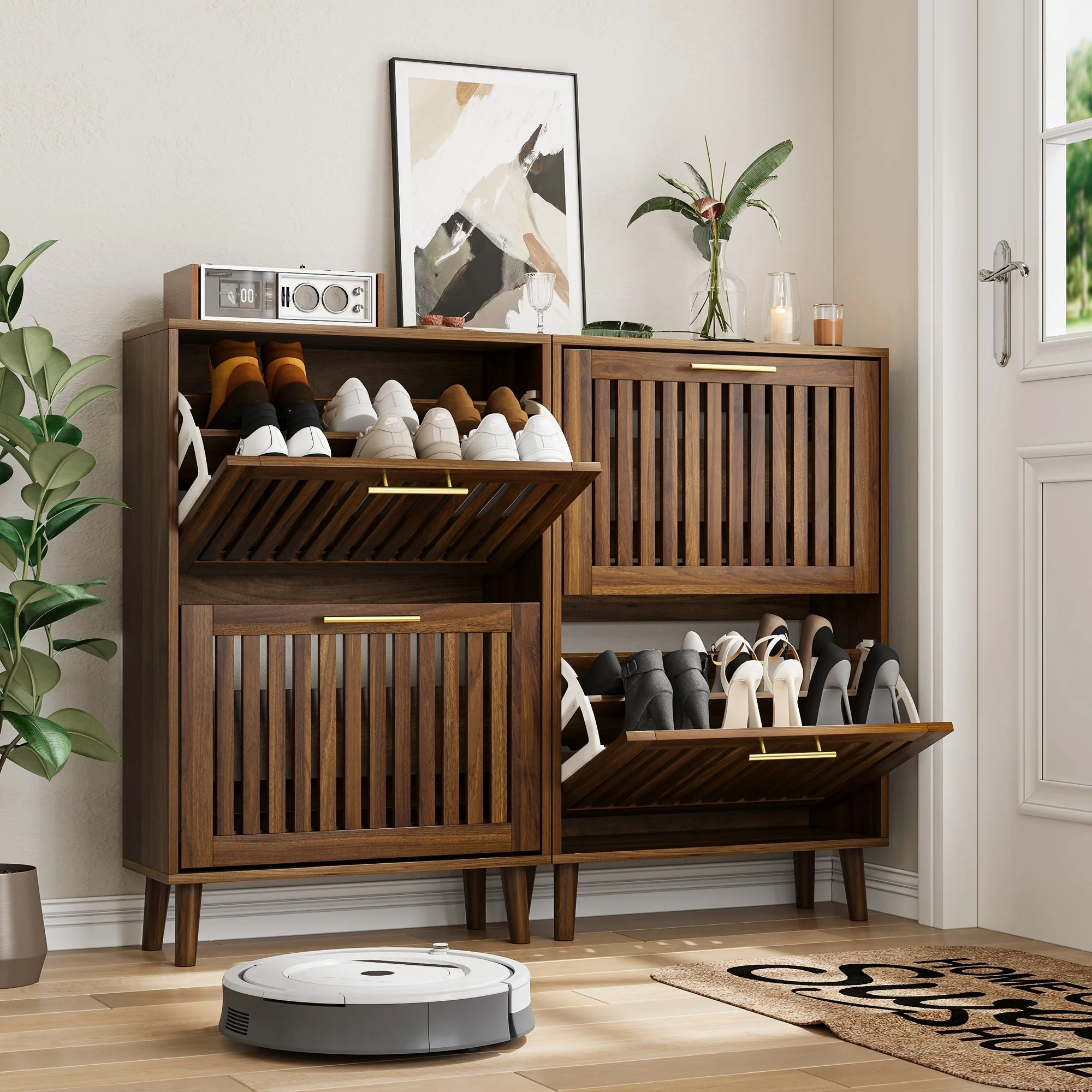 Medieval Modern Walnut Shoe Rack Entryway Cabinet