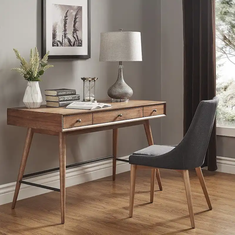 Mid-Century Modern 3-Drawer Writing Desk – Brown / Dark Walnut, Tapered Legs, Single User