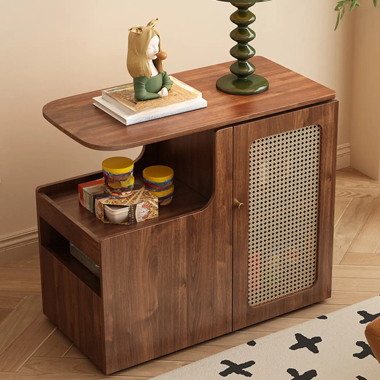 Rotating Brown Wood Rectangle Wheeled Side Table with Drawer