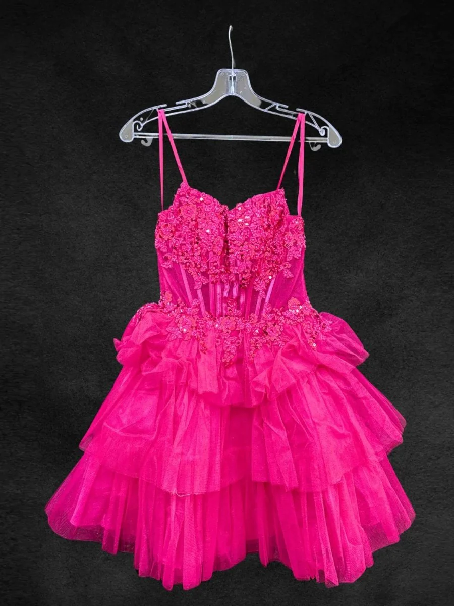 Fuchsia - Strapless A Line Tulle Homecoming Dress With Appliques
