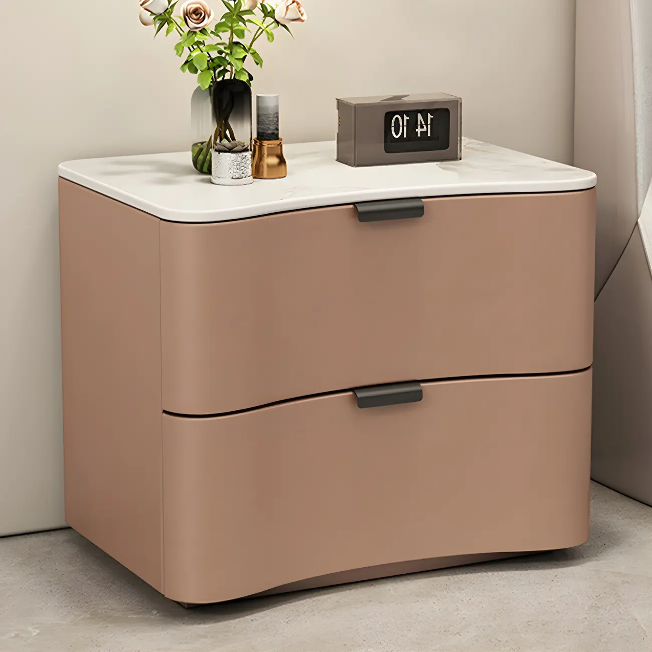 Modern Waved Stone Top Leather 2-Drawer Nightstand