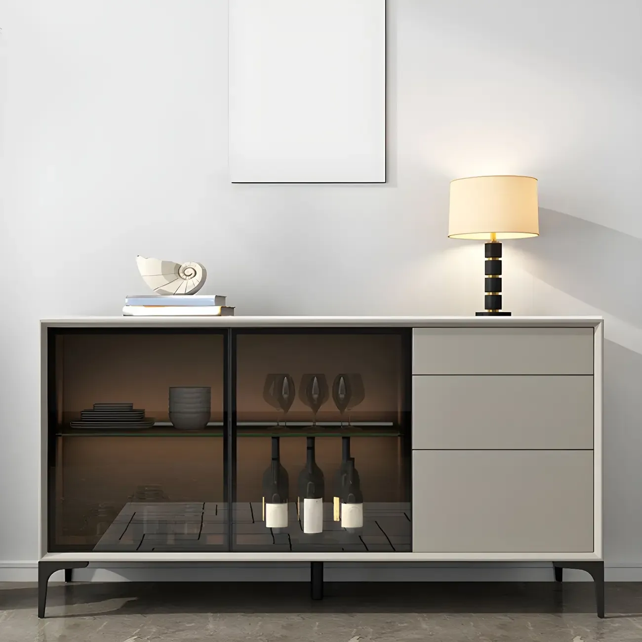Modern Grey Sideboard with Glass Doors and Drawers