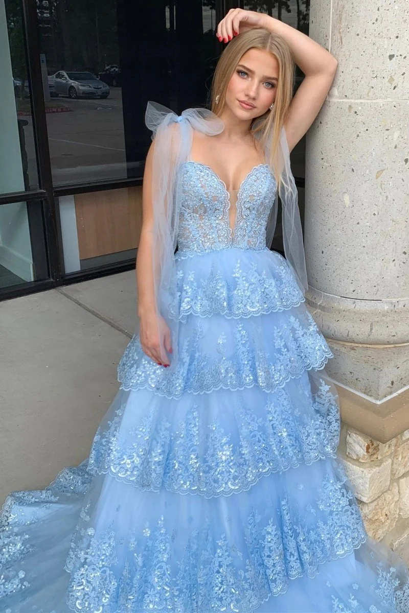 Light Blue Tulle Appliques Tying Strap Ruffle Tiered Long Prom Dress