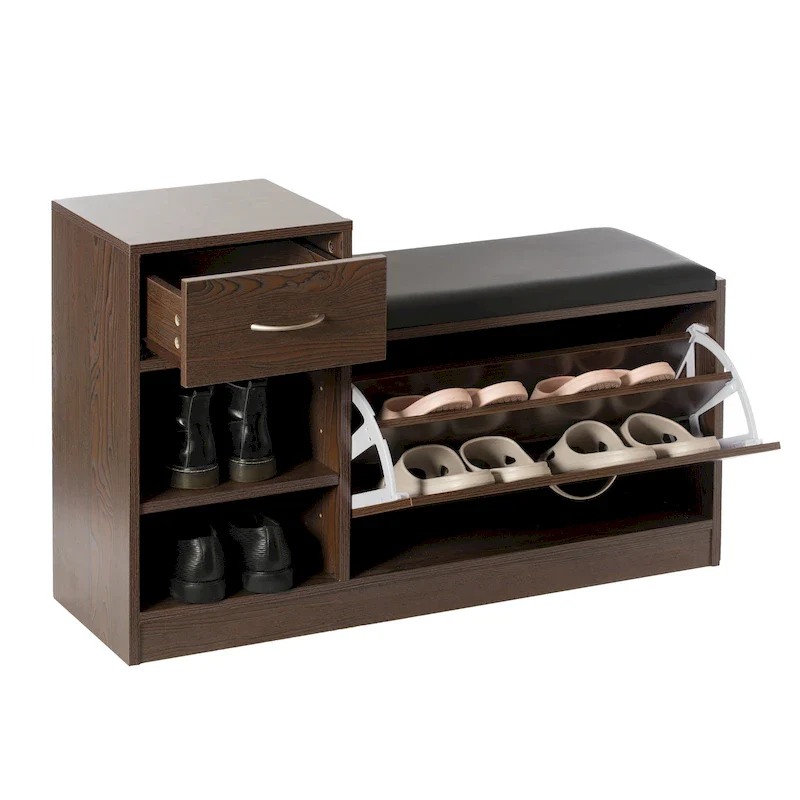 Brown / Oak Wooden Shoe Storage Bench with Cushion, Seats 1