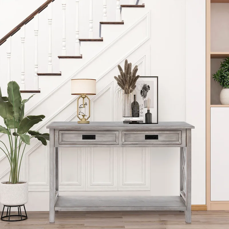 Grey Washed Wood 2-Drawer 1-Shelf Console and Entry Table - 32.7 H x 47.2 W x 13.8 D